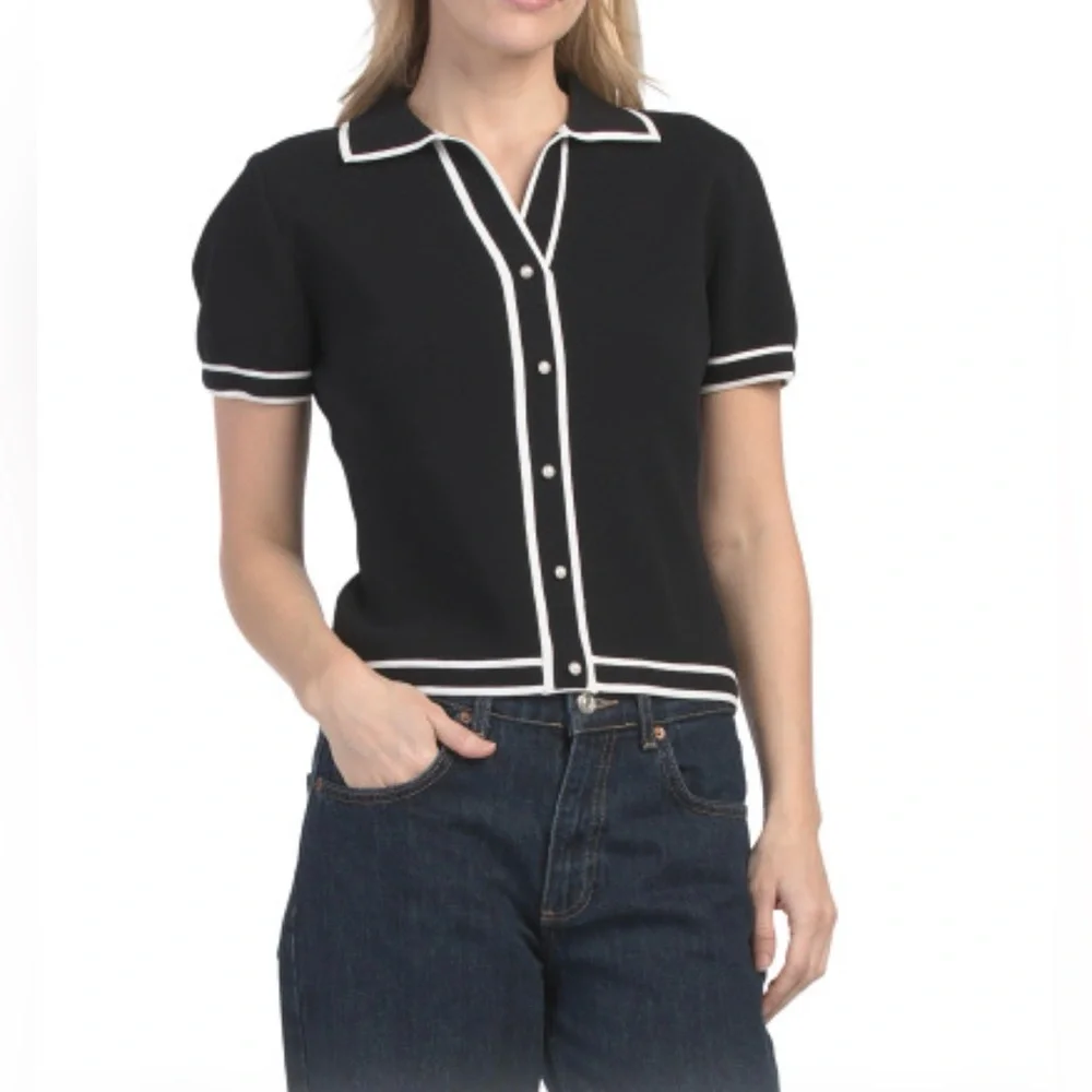 Bailey/44 Black and White Sculpt Ribbed Knit Top - Picture 1 of 8